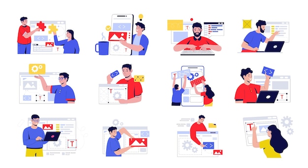 Các nhân vật phát triển phần mềm. Mọi người làm việc trên chương trình web giao diện người dùng và phần phụ trợ, các nhà phát triển và lập trình viên ứng dụng di động mã hóa và viết script. Bộ vector riêng biệt