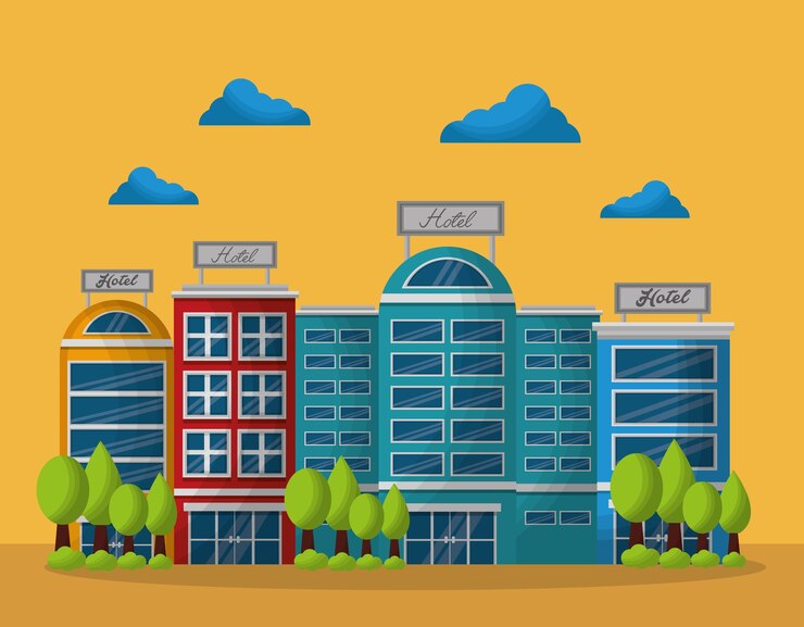 Vector các tòa nhà khách sạn những đám mây đầy màu sắc cây cối nhà trọ