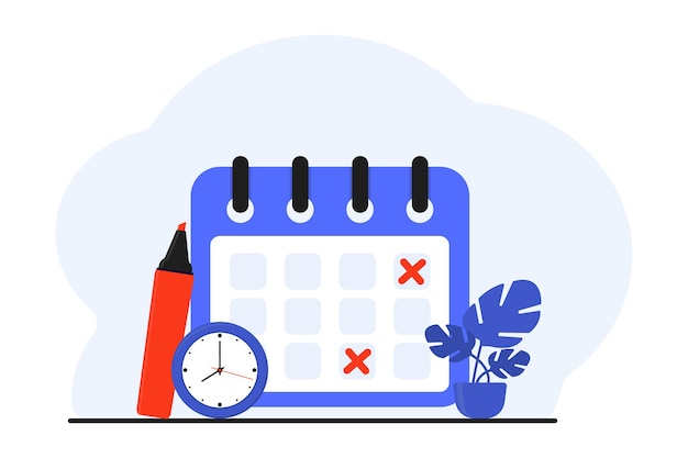 Calendar and clock icon on flat style Schedule appointment important date concept Time management planning Day month year time Deadline symbol Reminder concept
