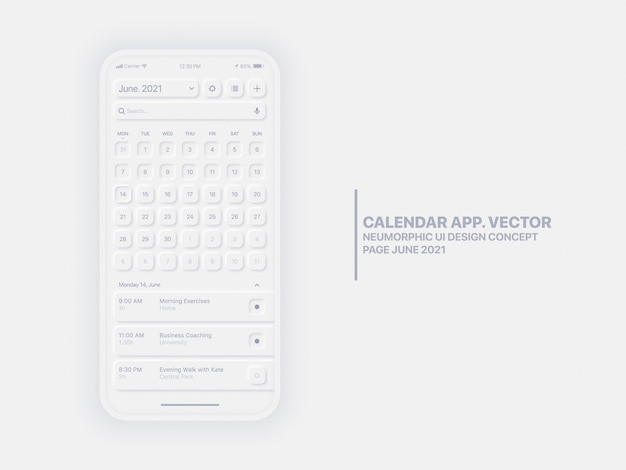 Calendar Mobile App Page June  Year With Task Manager Conceptual UI UX Neumorphic
