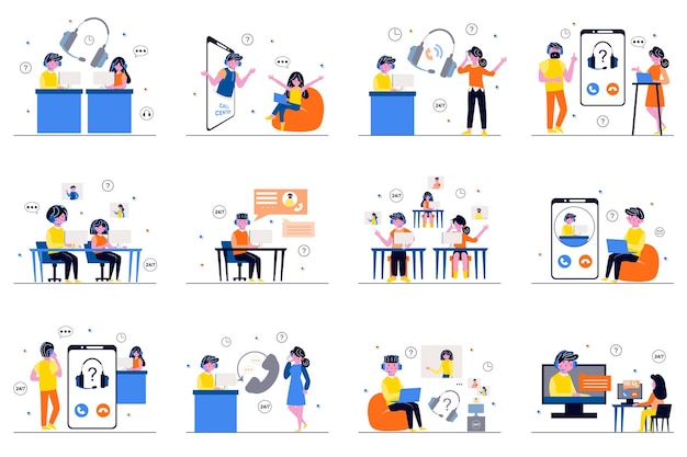call center concept with tiny people scenes set in flat design bundle of men and women operators answer calls consult customers online tech support and solve problems vector illustration for web