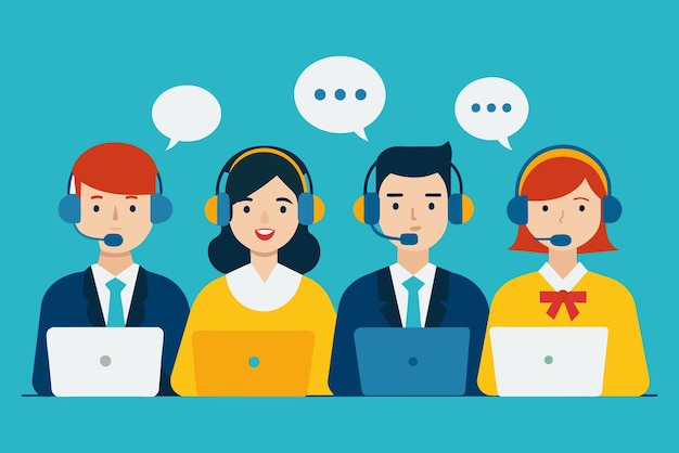 Call center Vector illustration of Customer service hotline operators with headsets