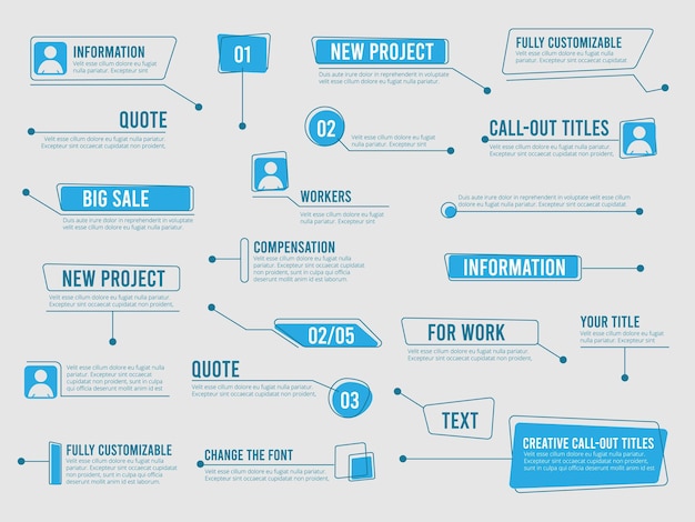 Callouts template. Digital info boxes with marketing text modern simple communication callouts  labels.
