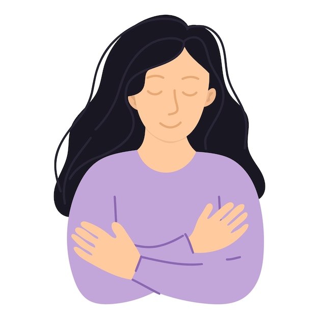 Calm woman selfhug illustration Mental health awareness woman practicing selflove in flat vector