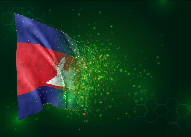 cambodia, 3d flag on green background with polygons