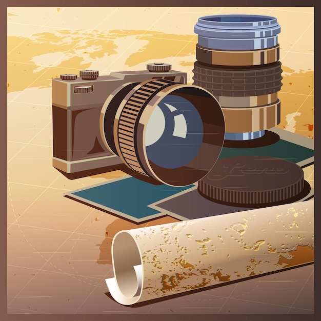 Camera lenses and map Travel journalism adventure