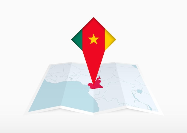 Cameroon is depicted on a folded paper map and pinned location marker with flag of Cameroon.