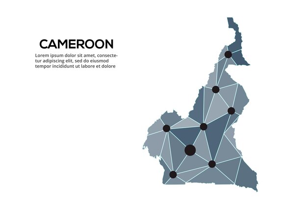 Cameroun communication network map Vector image of a low poly global map with city lights Map in the form of triangles and dots