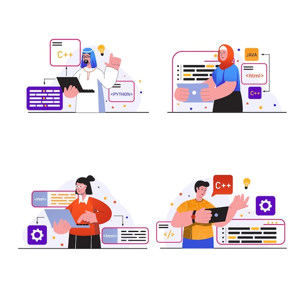 Cảnh khái niệm làm việc lập trình thiết lập mọi người lập trình bằng các ngôn ngữ khác nhau viết mã kiểm tra
