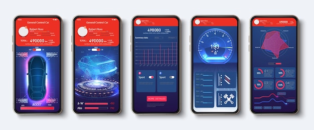 Car control app indicators of sensors and data online Smart car security system UIUXKITHUD Vehicle feature settings phone display Mobile application auto dashboardspeedometer lock run data