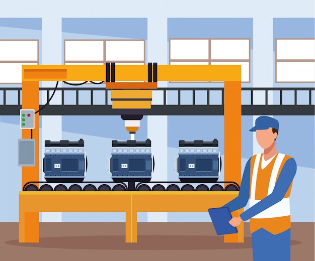 Car repair shop scenery with machine with car motors and mechanic standing