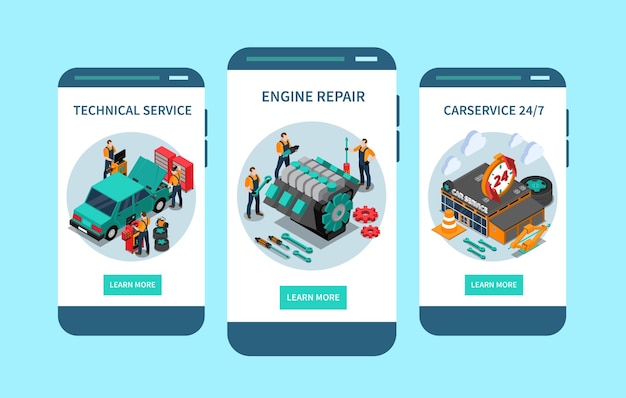 Car technical service app mobile screen isometric with engine repair 24 hours access