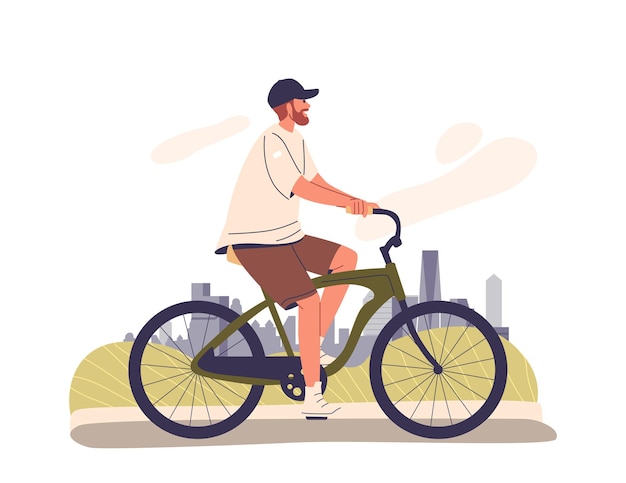 carefree man riding a bicycle in an urban park setting on a sunny day male character appears relaxed