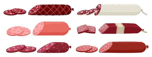 Cartoon chopped sausages Butcher shop meat products fresh semifinished sausages and frankfurters flat vector illustration set on white background