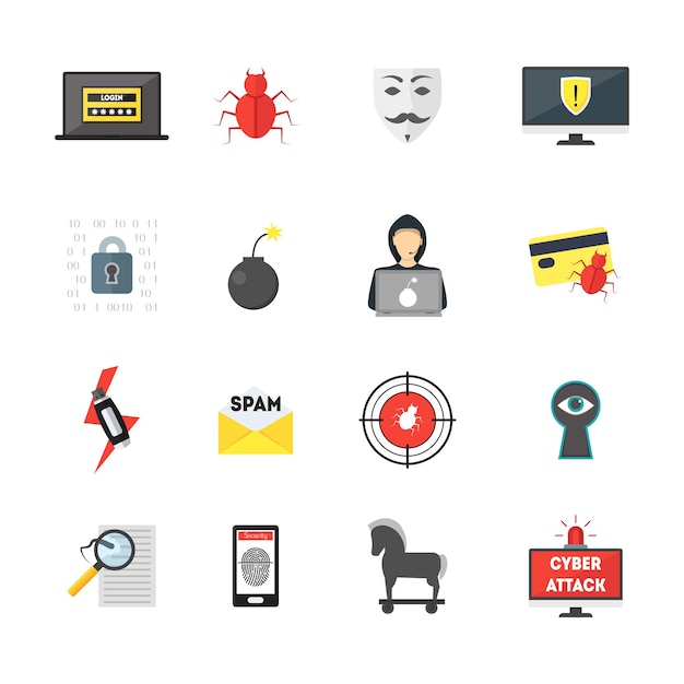Cartoon Cyber Crime Security Color Icons Set Technology Protection Computer, Business and Money Flat Style Design. Vector illustration