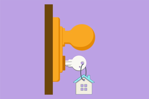 Cartoon flat style drawing key in keyhole on door Real estate for sales rental advertising Mortgage credit or property Rent of apartment Sign on the home key Graphic design vector illustration