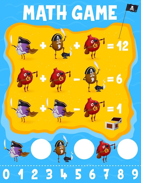 Cartoon fruit pirate corsairs math game worksheet