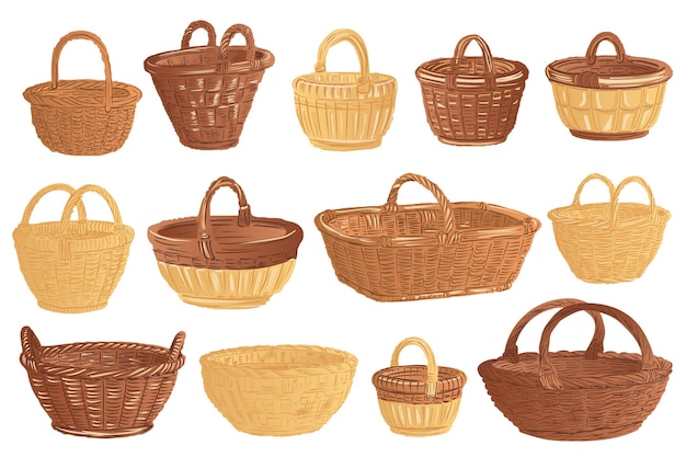 Cartoon handmade baskets mega set elements in flat graphic design Bundle objects of brown wicker rattan containers with handles handcraft straw hampers braided rural basketry Vector illustration