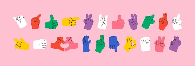 cartoon hands abstract drawn comic. set of hand multicolored different signs and symbols. drawing style. vector illustration