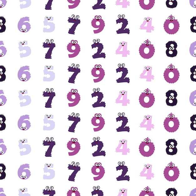 Cartoon numbers monsters in seamless pattern on white background