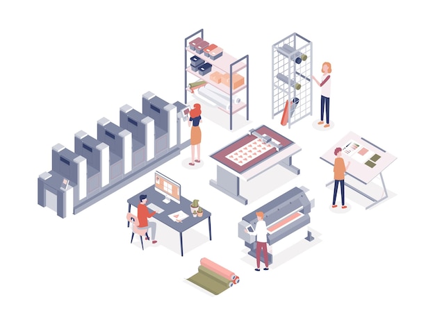 cartoon people working at printing service center vector isometric illustration. man and woman workers of printshop isolated on white background. employee work with professional electronic equipment.