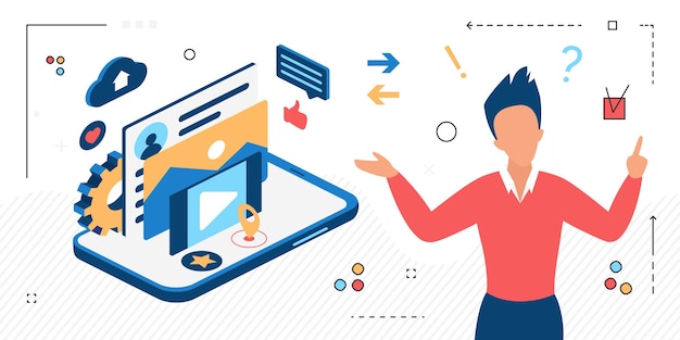 Cartoon social media marketer creating content for networks