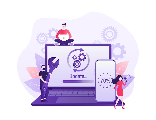 Cartoon software update people for mobile app design Isometric vector illustration Mobile
