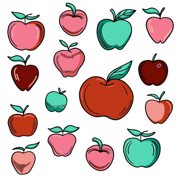 Cartoon style apples set with black outline Vector illustration