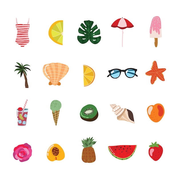 Cartoon Summertime Traveling Concept Icon Set Vector