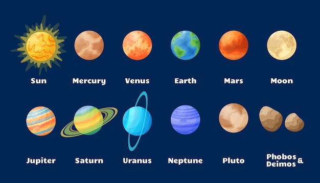 Cartoon sun and solar system planets set illustration comic celestial bodies graphic design