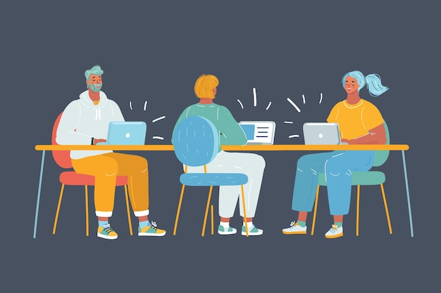 cartoon vector illustration of online assistant at work coworking work together searching for new ideas solutions in the company brainstorming