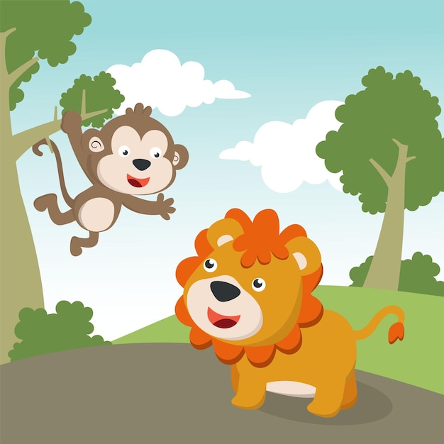 Cartoon wild animals concept cute lion and monkey in the jungle Creative vector childish background for fabric textile nursery wallpaper poster card brochure and other decoration
