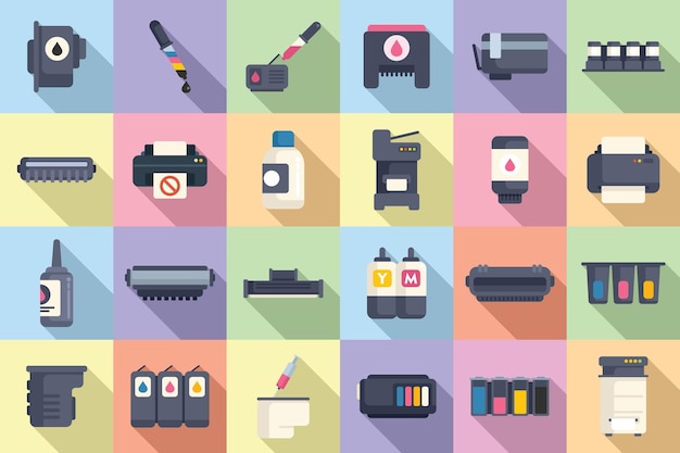 Cartridge filling icons set flat vector Computer copier