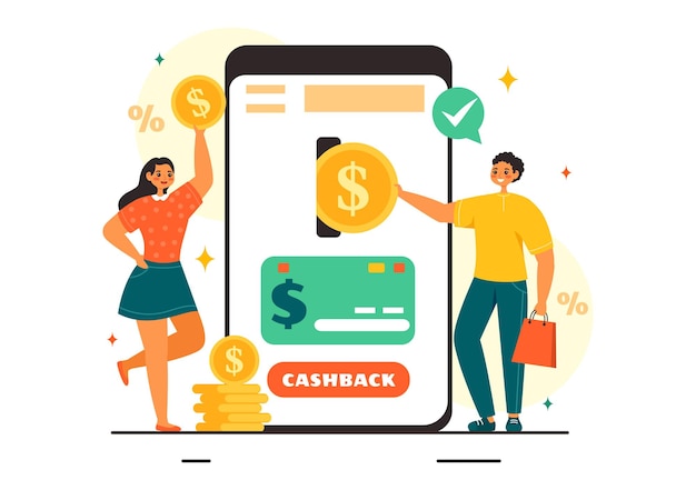 cashback vector illustration with financial payment to money cashback service for a buyer in a flat cartoon style background