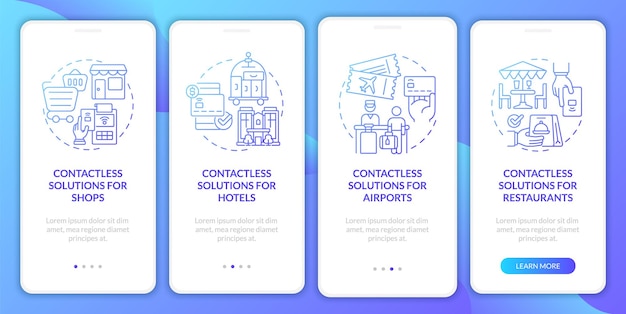 cashless solution blue gradient onboarding mobile app screen service walkthrough 4 step graphic instructions pages with linear concept ui ux gui template myriad probold regular fonts used