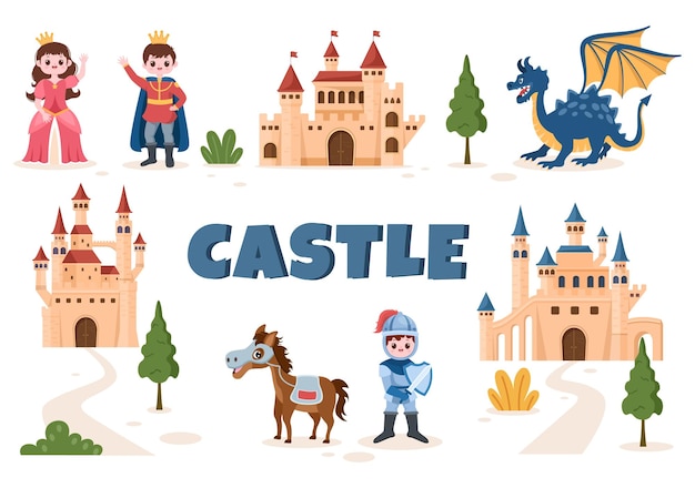 Castle with Prince Queen and Knight Elements Collection Majestic Palace in Cartoon Illustration