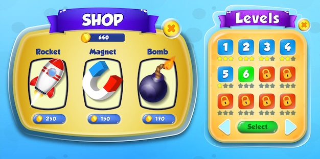 Casual Cartoon Kids Game UI  Game Store and Levels menu popup