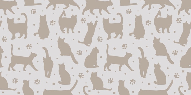 Cat nude seamless repeating pattern vector backgorund with kitten silhouettes and paws