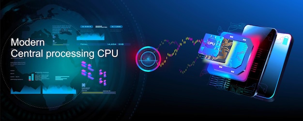 Central processing unit on futuristic cyber background Powerful new generation stream processor with mobile phone Computer technology and communication Advanced electronic technology