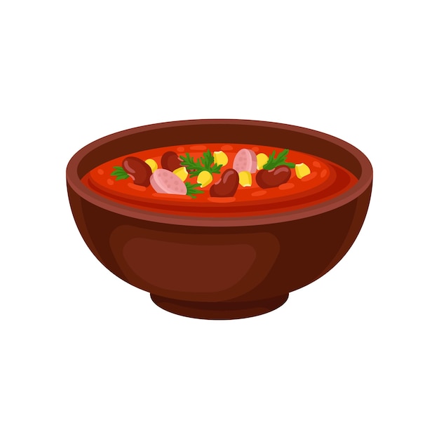 ceramic bowl of spicy mexican soup with beans corn and sliced sausage culinary theme flat vector design for menu or recipe book