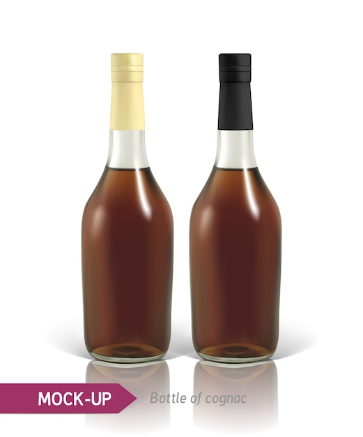 chai rượu cognac chân thực trên nền trắng với phản xạ và bóng đổ. Mẫu cho nhãn.