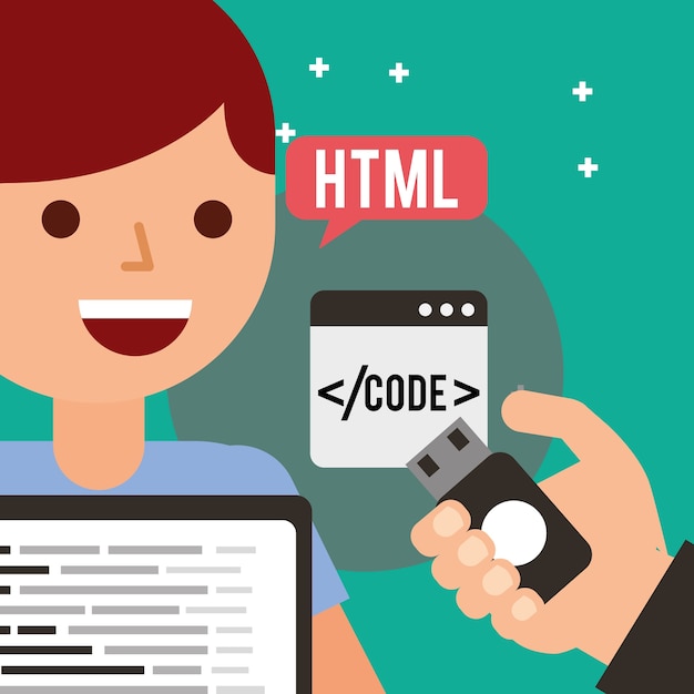 chàng trai trẻ lập trình viên với mã usb máy tính xách tay html