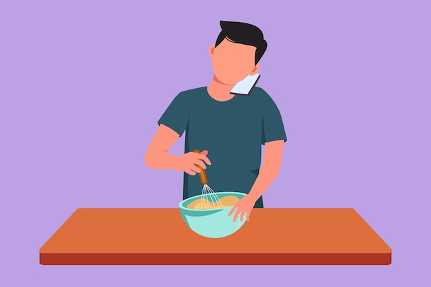 Character flat drawing man talks on smartphone while preparing dinner while standing in kitchen and knead cake dough using manual hand mixer Young husband cooking Cartoon design vector illustration