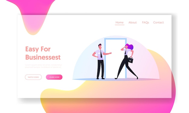 Characters Follow Business Etiquette, Good Manners Landing Page Template. Businessman Invite Businesswoman Enter Open Door ahead. Polite Office Colleagues Relations. Cartoon People Vector Illustration