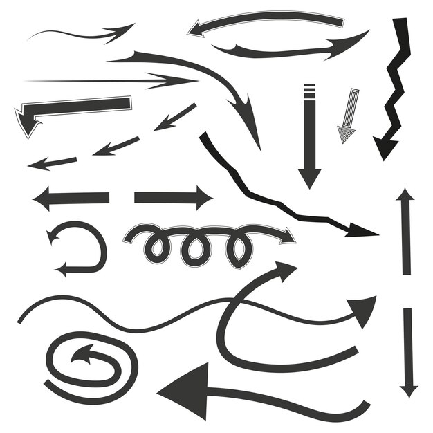 Charcoal arrows icons set Swirls arrows Hand drawn freehand different curved lines