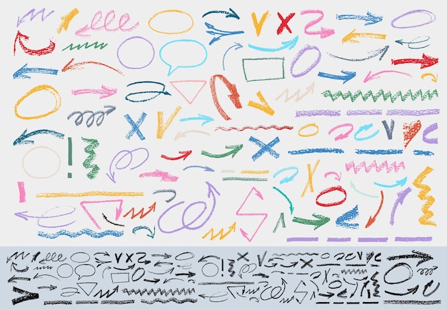 Charcoal Pencil Curly Lines Squiggles and Shapes Grunge Pen Scribbles Set Hand Drawn Pencil Lines Doodles Bright Color Charcoal or Chalk Drawing Vector Rough Crayon Strokes Ink Color Splatters