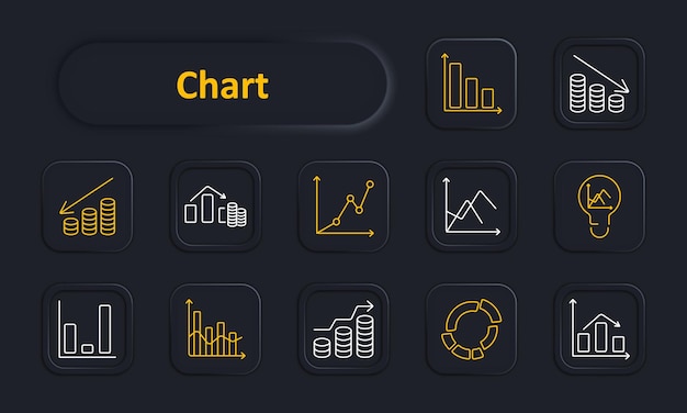 Chart set icon Growing coins declining coins home with graph line chart lightbulb bar chart histogram ring chart scatter plot Financial data analytics statistics business concept