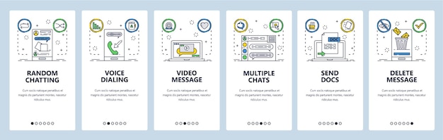 Chat and instant messaging web site and mobile app onboarding screens Menu banner vector template for website and application development Chat and send documents video messages Thin line art style