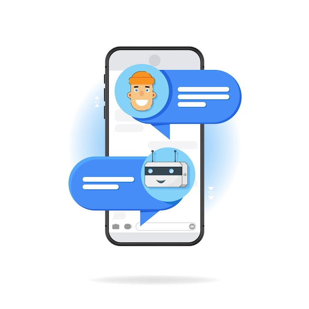 chat bot concept in flat style man chatting with a chatbot on a smartphone user conversation with the bot in the messenger vector illustration isolated on white background