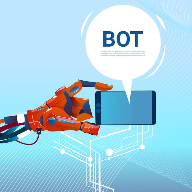 Chat Bot Hands Using Cell Smart Phone, Robot Virtual Assistance Of Website Or Mobile Applications, A